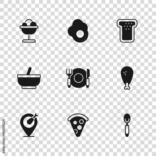 Set Slice of pizza, Chicken leg, Spoon, Plate, fork and knife, Bread toast, Ice cream in the bowl, Scrambled egg and Mortar pestle icon. Vector