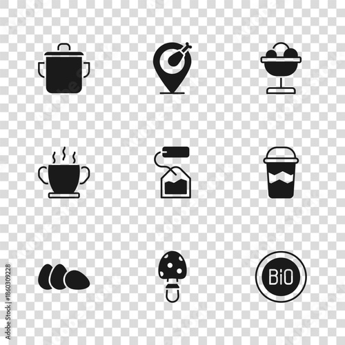 Set Fly agaric mushroom, Coffee cup to go, Banner for bio, Tea bag, Ice cream in the bowl, Cooking pot, Chicken leg and Bowl hot soup icon. Vector