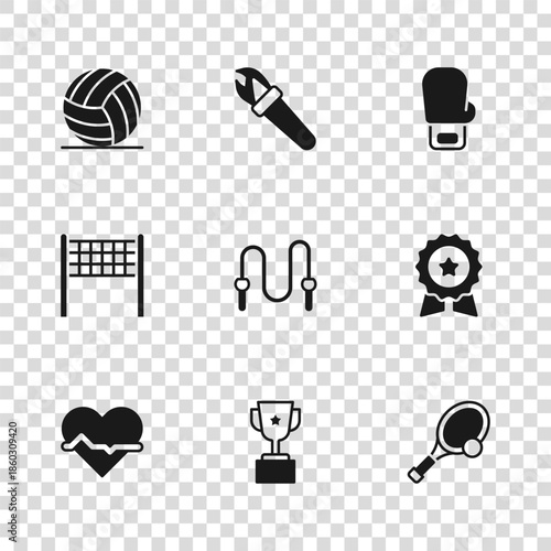Set Award cup, Medal with star, Tennis racket ball, Jump rope, Boxing glove, Volleyball, Torch flame and net icon. Vector