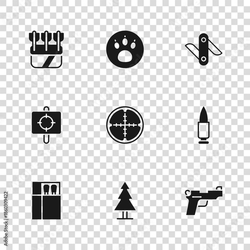Set Tree, Bullet, Pistol or gun, Sniper optical sight, Swiss army knife, Quiver with arrows, Paw search and Target sport icon. Vector