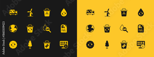 Set Recycle clean aqua, Tree, Drop and magnifying glass, Trash can, bin, Infectious waste, Garbage truck and Wind turbine icon. Vector