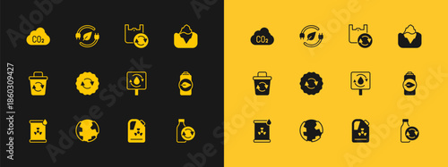 Set Iceberg, Earth globe, Recycle clean aqua, Radioactive waste in barrel, symbol, Shopping bag with recycle, CO2 emissions cloud and Electric saving plug leaf icon. Vector