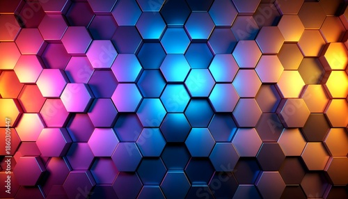Hexagonal gradient tiles with metallic glow.