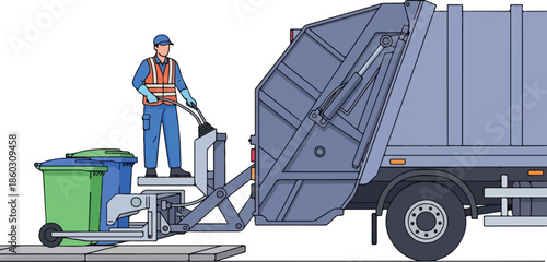 Garbage truck and worker collecting waste from bins.
