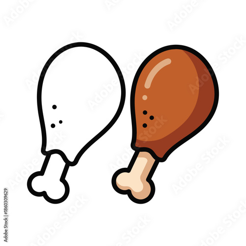 A colorful illustration depicts two chicken legs one outlined in black and white and one fully colored in reddish brown