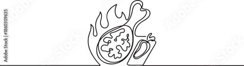 One single line drawing of hot spicy and crispy fried chicken store logo vector illustration. Fast food cafe menu and restaurant badge concept. one line Icon drawing