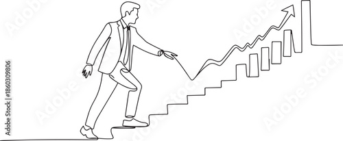 Single continuous line drawing of young business man climbing stair to sign increase market chart. Professional businessman. Minimalism concept. one line Icon drawing