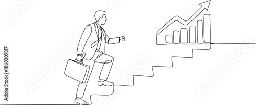 Single continuous line drawing of young business man climbing stair to sign increase market chart. Professional businessman. Minimalism concept. one line Icon drawing