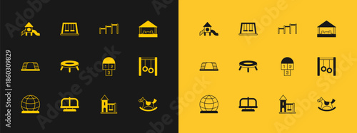 Set Sandbox with sand, Attraction carousel, Hopscotch, Swing for kids, Jumping trampoline, Sport horizontal bar, Slide playground and Swings icon. Vector