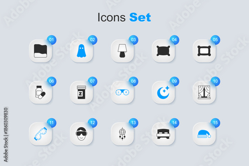Set Big bed, Sleeping pill, Ghost, Eye sleep mask, hat, Window with curtains, Pillow and Contact lens container icon. Vector
