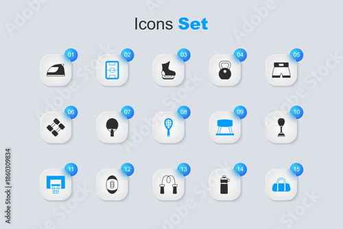 Set Fitness shaker, Racket, Football field, Basketball backboard, Sport bag, Punching, Racing helmet and Tennis racket icon. Vector