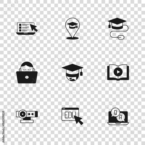 Set Online education, Audio book, Question and Answer, Graduation cap globe, with mouse, quiz, test, survey, and Student working laptop icon. Vector