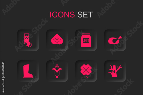 Set Corn, Leaf, Socks, Four leaf clover, Roasted turkey chicken, Bare tree, Jam jar and Waterproof rubber boot icon. Vector