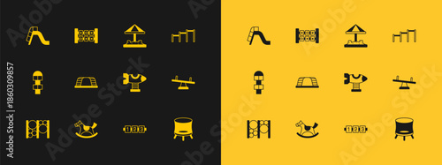 Set Sport horizontal bar, Horse in saddle swing, Swing plane, Education logic game, Monkey, Sandbox with sand, Slide playground and icon. Vector