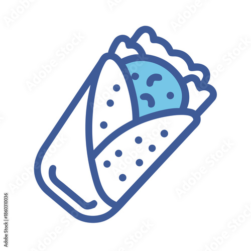 Icon of a burrito wrapped in a tortilla, filled with ingredients, on a white background

