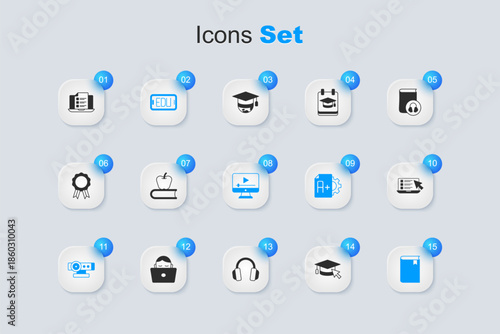 Set Graduation cap with cursor, Book apple, Online education, Web camera, quiz, test, survey, and play video icon. Vector