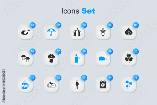 Set Calendar with autumn leaves, Mushroom, Umbrella, Cup of tea, Clover, Roasted turkey or chicken and Thermos container icon. Vector