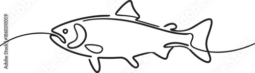 One single line drawing of big salmon for logo identity. Large lake fish mascot concept for fishing tournament icon. Continuous line draw design. one line Icon drawing