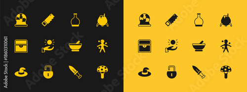 Set Witch cauldron, Open padlock, Dagger, Ball levitating above hand, Bottle with potion, Magic ball and Hand saw icon. Vector