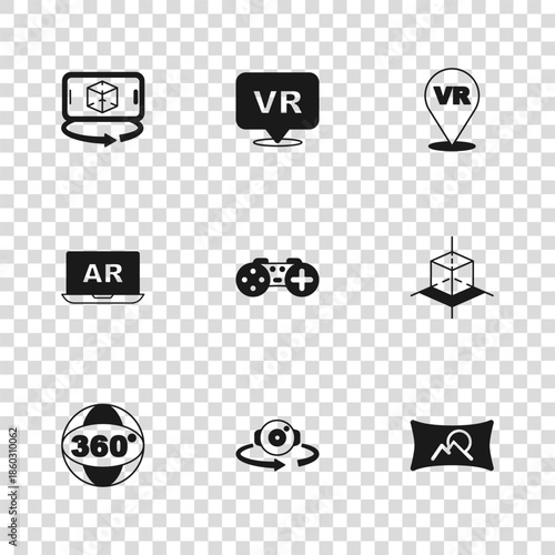 Set 360 degree view, 3d modeling, Wide angle picture, Gamepad, Virtual reality, and Augmented AR icon. Vector
