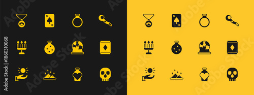Set Magic staff, powder, ball, Bottle with love potion, stone ring, Medallion chain eye and Playing cards icon. Vector