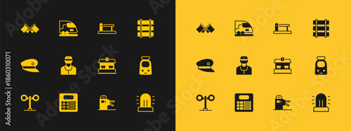 Set Railway, railroad track, Train station board, Turnstile, conductor, barrier, Flag and High-speed train icon. Vector