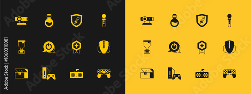 Set VR controller game, Game console with joystick, rating medal, or, Power button, Sword for, Web camera and Bottle magic elixir icon. Vector
