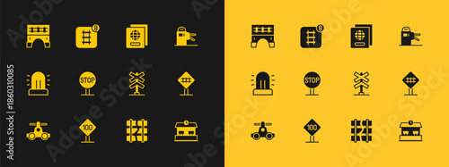 Set Turnstile, Speed limit traffic sign 100 km, Railroad crossing, Broken or cracked railway, Stop, Passport, Bridge for train and Online ticket booking icon. Vector