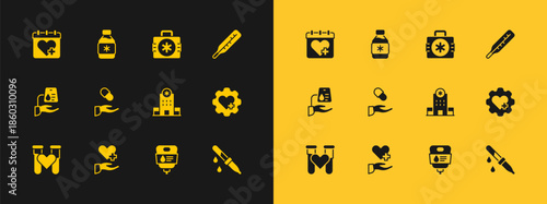 Set Medical thermometer, Heart with cross, Hospital building, IV bag, prescription, First aid kit, Doctor appointment and Bottle of medicine syrup icon. Vector