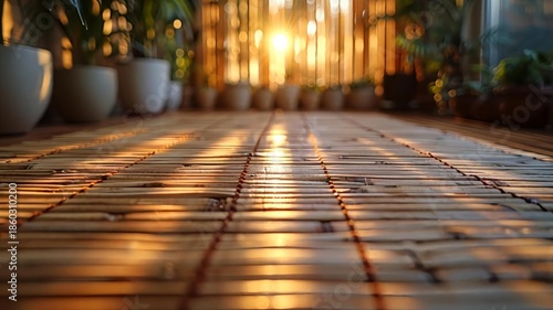 Serenity and Warmth of Sunset Reflected on Wooden Floor