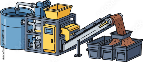 Industrial machine processing materials with conveyor belt and storage bins.