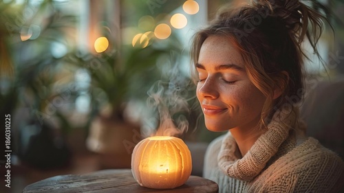 Serene Woman Meditating with Candle in Cozy Natural Environment