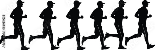 Running silhouette sequence, athletic motion, black figures, white background, dynamic stride, sports training, fitness movement, vector illustration, sprint phases, biomechanics concept