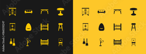 Set Round table, Floor lamp, Bunk bed, Baby crib cradle, Pouf, Office desk, Chest of drawers and Sofa icon. Vector
