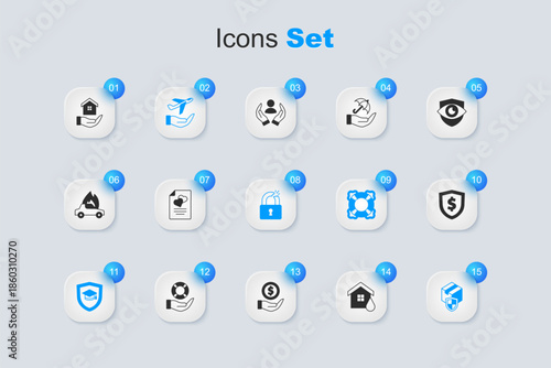 Set House flood, Marriage contract, Plane in hand, Graduation cap with shield, Delivery security, Shield dollar, and Broken or cracked lock icon. Vector