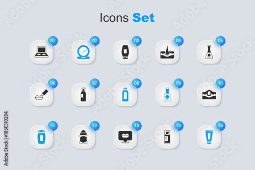 Set Shaving gel foam, Bottle of shampoo, Makeup powder with mirror, Cream lotion cosmetic tube, Acne, Eye shadow palette brush and icon. Vector