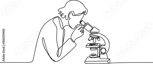 One continuous line drawing of scientist analyze blood sample using laboratory microscope to find covid19 vaccine. Medical research coronavirus concept. one line Icon drawing