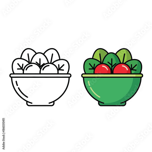A colorful illustration displaying two bowls filled with fresh fruits and vegetables showcasing different color schemes
