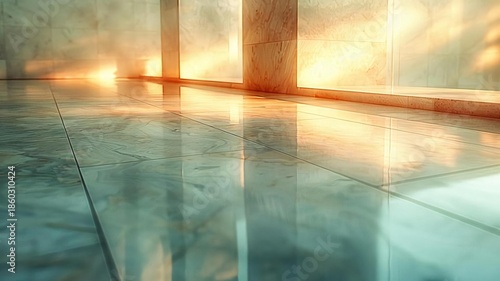 Serene Reflection of Light on Polished Marble Floor in Interior Space