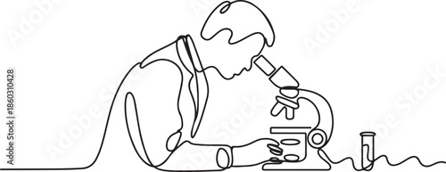 One continuous line drawing of scientist analyze blood sample using laboratory microscope to find covid19 vaccine. Medical research coronavirus concept. one line Icon drawing