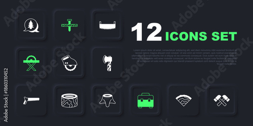 Set Wooden beam, Crossed hammer, Electric circular saw, Toolbox, logs, Metallic nail and Tree stump icon. Vector