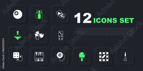Set Board game, Dart arrow, Puzzle pieces toy, Racket, Whirligig, Backgammon board, Bowling pin and Game dice icon. Vector