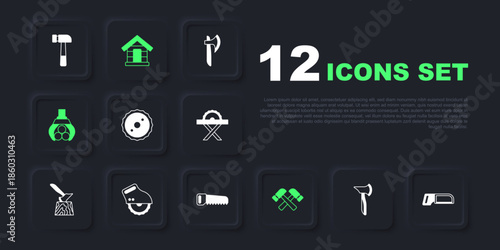 Set Wooden axe, Hacksaw, Circular blade, Crossed hammer, Grapple crane grabbed log, Electric circular, Dog house and Hand icon. Vector