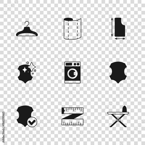 Set Tape measure, Leather, Electric iron and ironing board, Washer, Sewing pattern, Hanger wardrobe, Textile fabric roll and icon. Vector