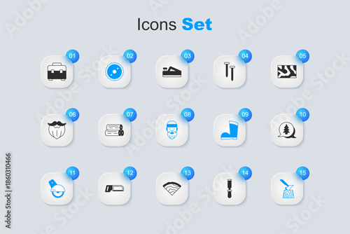 Set Chisel tool, Wooden log, Circular saw blade, Electric circular, axe in stump, Tree, Toolbox and Lumberjack icon. Vector