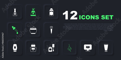 Set Smiling lips, Cream or lotion cosmetic tube, Acne, Pipette with oil, Perfume, and Bottle of nail polish icon. Vector