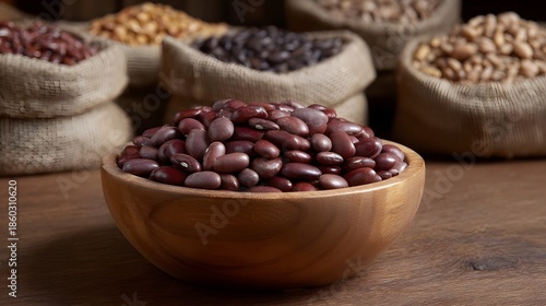 Close up of vibrant red kidney beans overflowing from a wooden bowl with burlap sacks of various beans blurred in the background