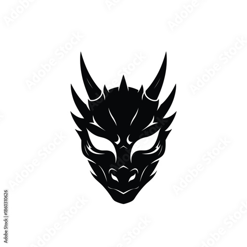 Fierce dragon head with sharp horns and intense gaze