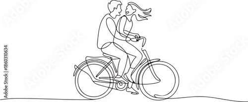 Continuous one line drawing happy funny young couple riding on bicycle. Romantic teenage couple ride bike. Young man and woman in love. one line Icon drawing