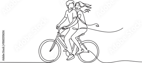 Continuous one line drawing happy funny young couple riding on bicycle. Romantic teenage couple ride bike. Young man and woman in love. one line Icon drawing